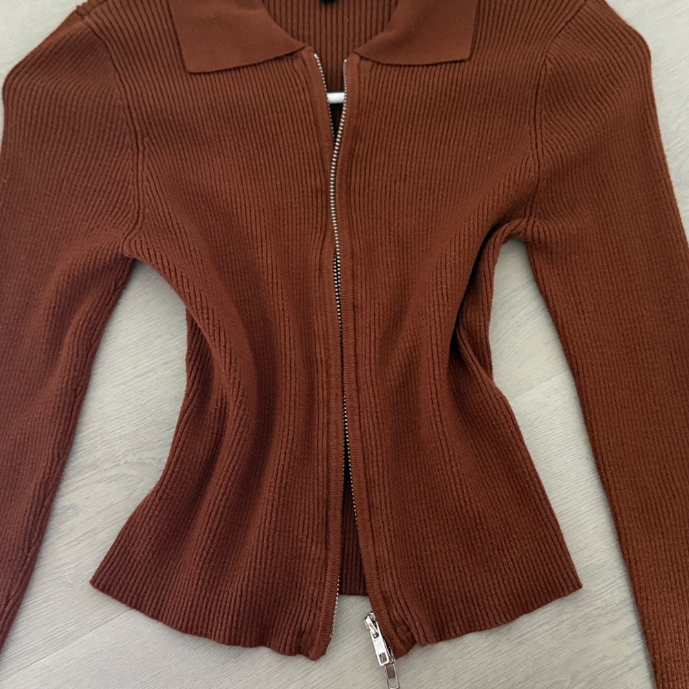 Brown Ribbed Zip-Up Sweater